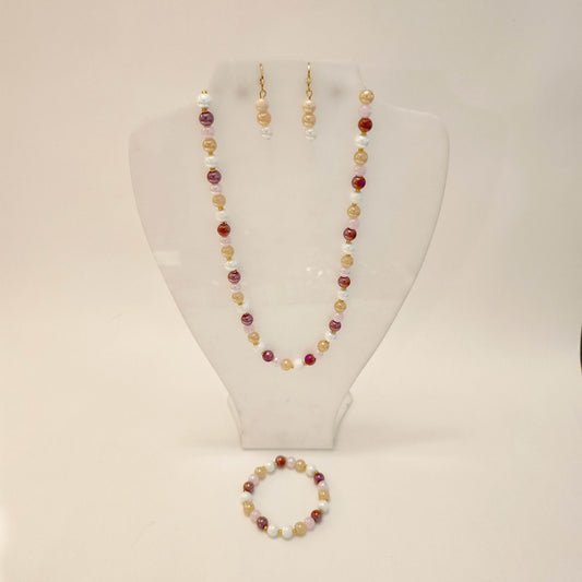 Juego estilo perlas - Collar, Pulsera y Aretes (rojo)